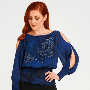 Vintage M Monaco Rhinestone Rose Blouse | Cold Shoulder Glam Boho Top Blue  Sz L